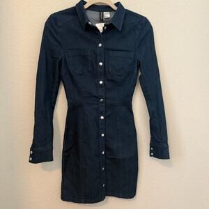 H&M Divided Denim Shirt Dress Womens XS/2 Dark Wash Long Sleeve Button Front NWT